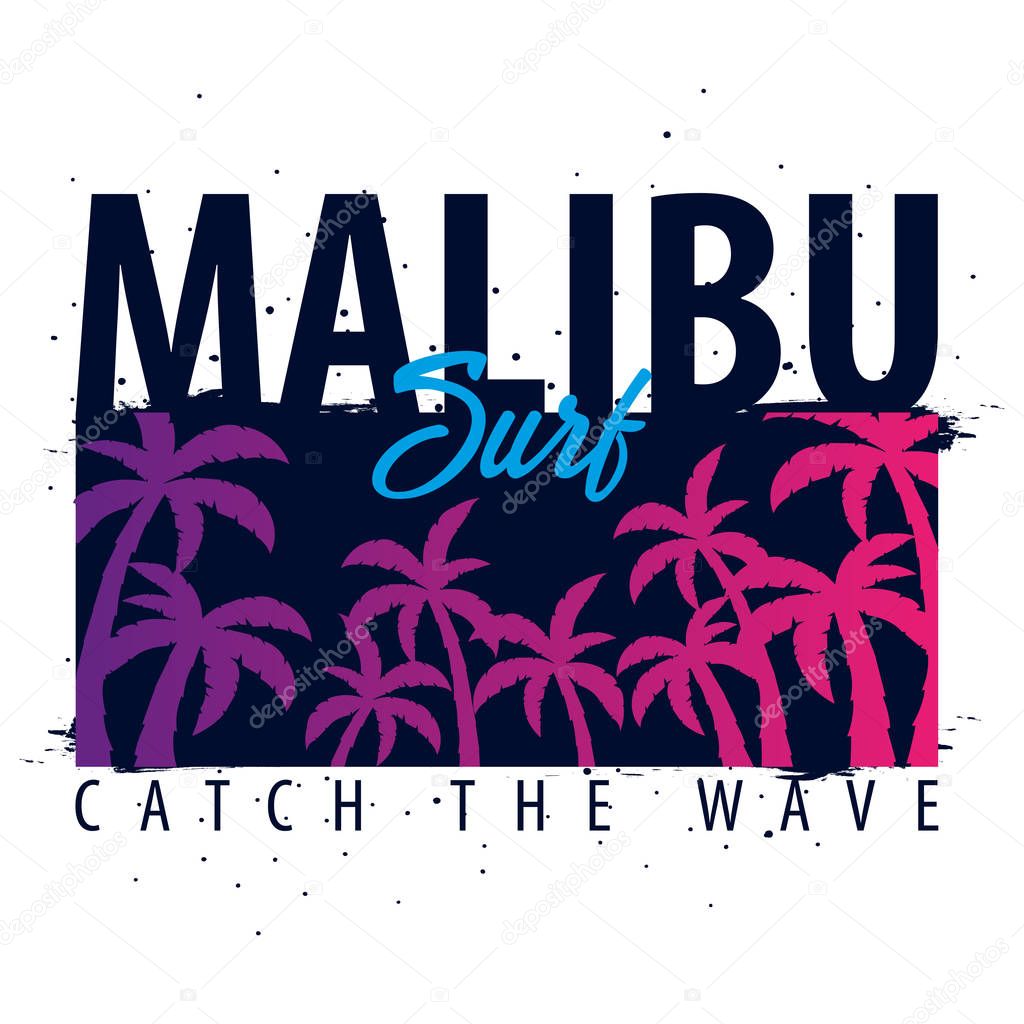 Malibu Surfing graphic with palms. T-shirt design and print
