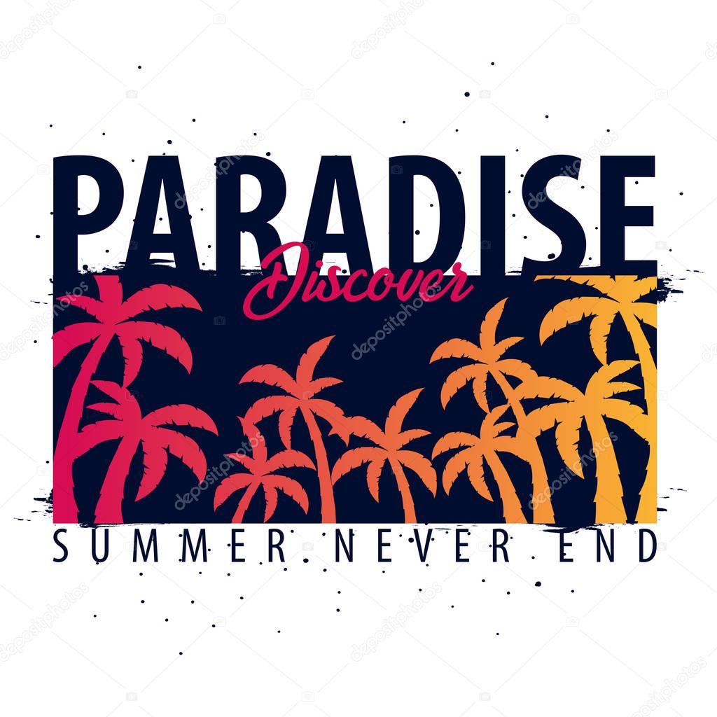 Paradise Discover graphic with palms. T-shirt design and print