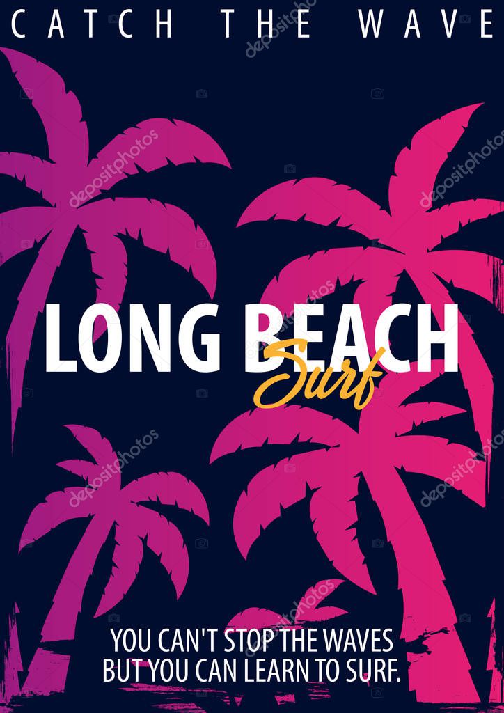 Long Beach Surfing graphic with palms. T-shirt design and print
