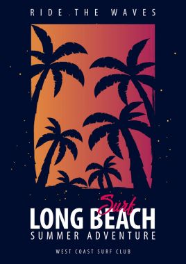 Long Beach sörf grafik avuç içi ile. T-shirt tasarım ve baskı.