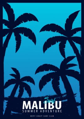 Avuç içi ile Malibu sörf grafik. T-shirt tasarım ve baskı.