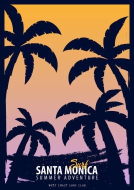 Santa Monica sörf grafik avuç içi ile. T-shirt tasarım ve baskı.