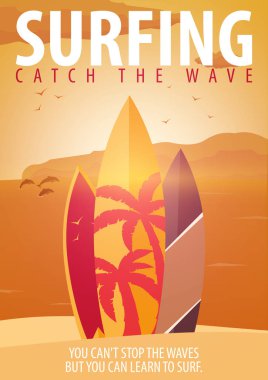 Sörf afiş ve poster. Bir plajda sörf tahtaları. Sörf ve yaz tasarım.
