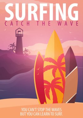 Sörf afiş ve poster. Bir plajda sörf tahtaları. Sörf ve yaz tasarım.