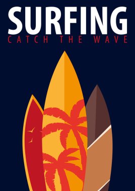 Avuç içi ve surfingboards ile sörf grafik. T-shirt tasarım ve baskı.