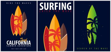 Avuç içi ve surfingboards ile sörf grafik ayarlayın. T-shirt tasarım ve baskı.