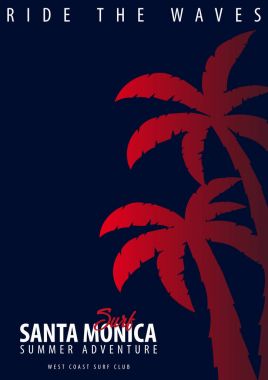 Santa Monica sörf grafik avuç içi ile. T-shirt tasarım ve baskı.