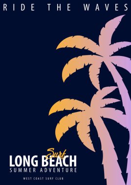 Long Beach sörf grafik avuç içi ile. T-shirt tasarım ve baskı.