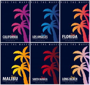 Avuç içi ile sörf grafik kümesi. T-shirt tasarım ve baskı.