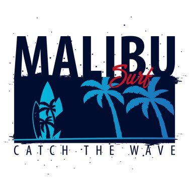 Avuç içi ile Malibu sörf grafik. T-shirt tasarım ve baskı.
