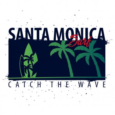 Santa Monica sörf grafik avuç içi ile. T-shirt tasarım ve baskı.