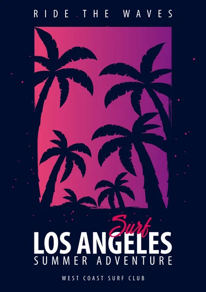Los Angeles Surfing grafisk med palmer. T-shirt design och print. — Stock vektor