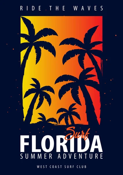 Florida Surfing grafisk med palmer. T-shirt design och print. — Stock vektor