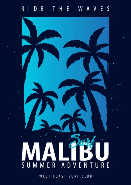 Malibu Surfing grafisk med palmer. T-shirt design och print. — Stock vektor