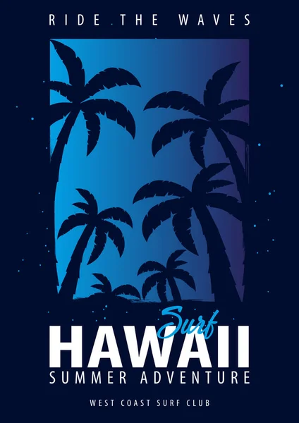 Hawaii Surfing grafisk med palmer. T-shirt design och print. — Stock vektor
