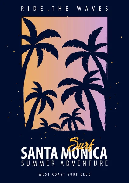 Santa Monica Surfing grafisk med palmer. T-shirt design och print. — Stock vektor