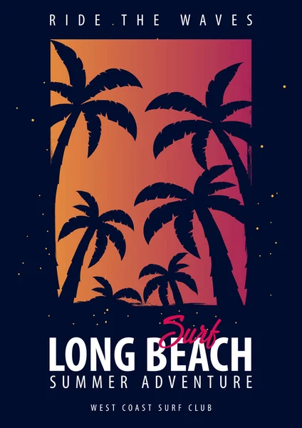 Long Beach Surfing grafisk med palmer. T-shirt design och print. — Stock vektor