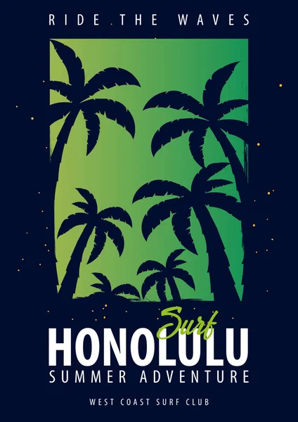 Hawaii, Honolulu Surfing grafisk med palmer. T-shirt design och print. — Stock vektor