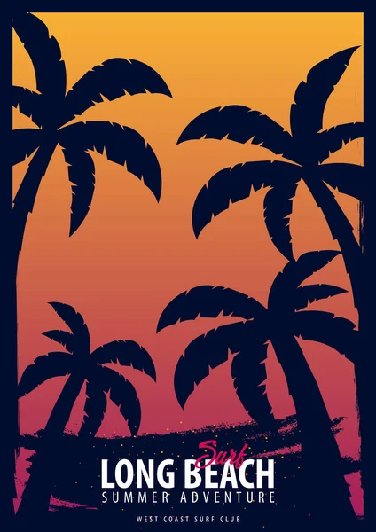 Long Beach Surfing графический с пальмами. Дизайн и печать футболок . — стоковый вектор