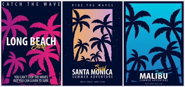 Santa Monica Surfing grafisk med palmer. T-shirt design och print. — Stock vektor