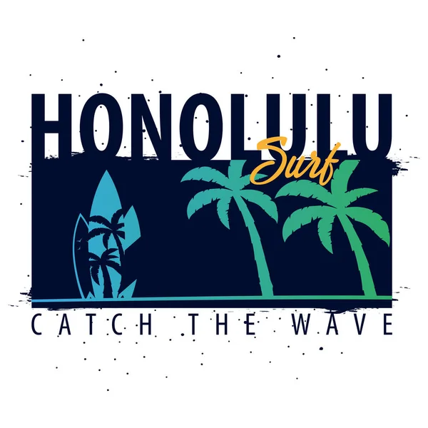 Hawaii, Honolulu sörf grafik avuç içi ile. T-shirt tasarım ve baskı. — Stok Vektör