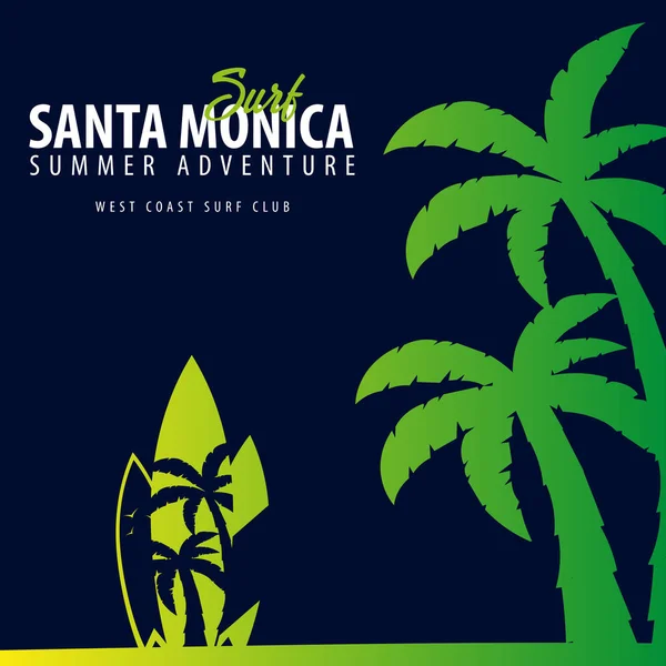 Santa Monica Gráfico de surf con palmas. Diseño e impresión de camisetas . — Archivo Imágenes Vectoriales