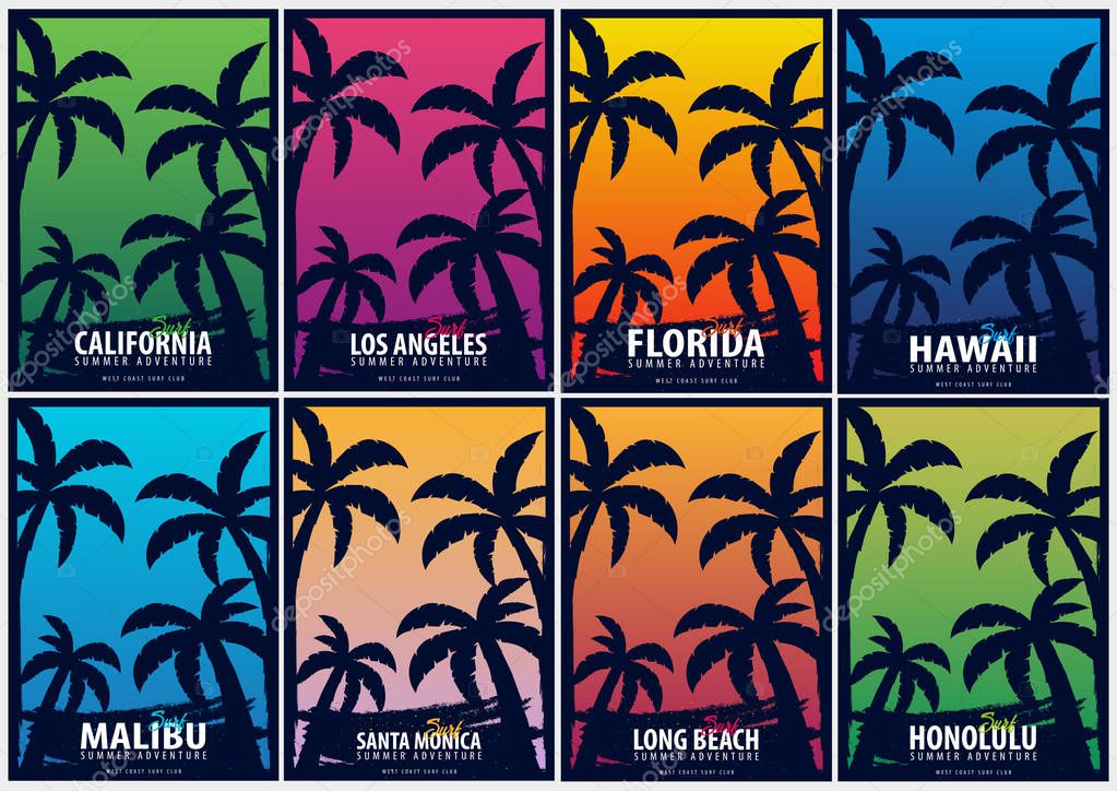 Set of Surfing graphics with palms. T-shirt design and print