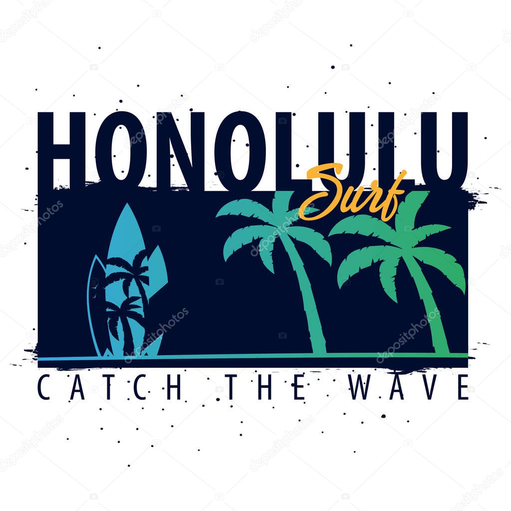 Hawaii, Honolulu Surfing graphic with palms. T-shirt design and print.