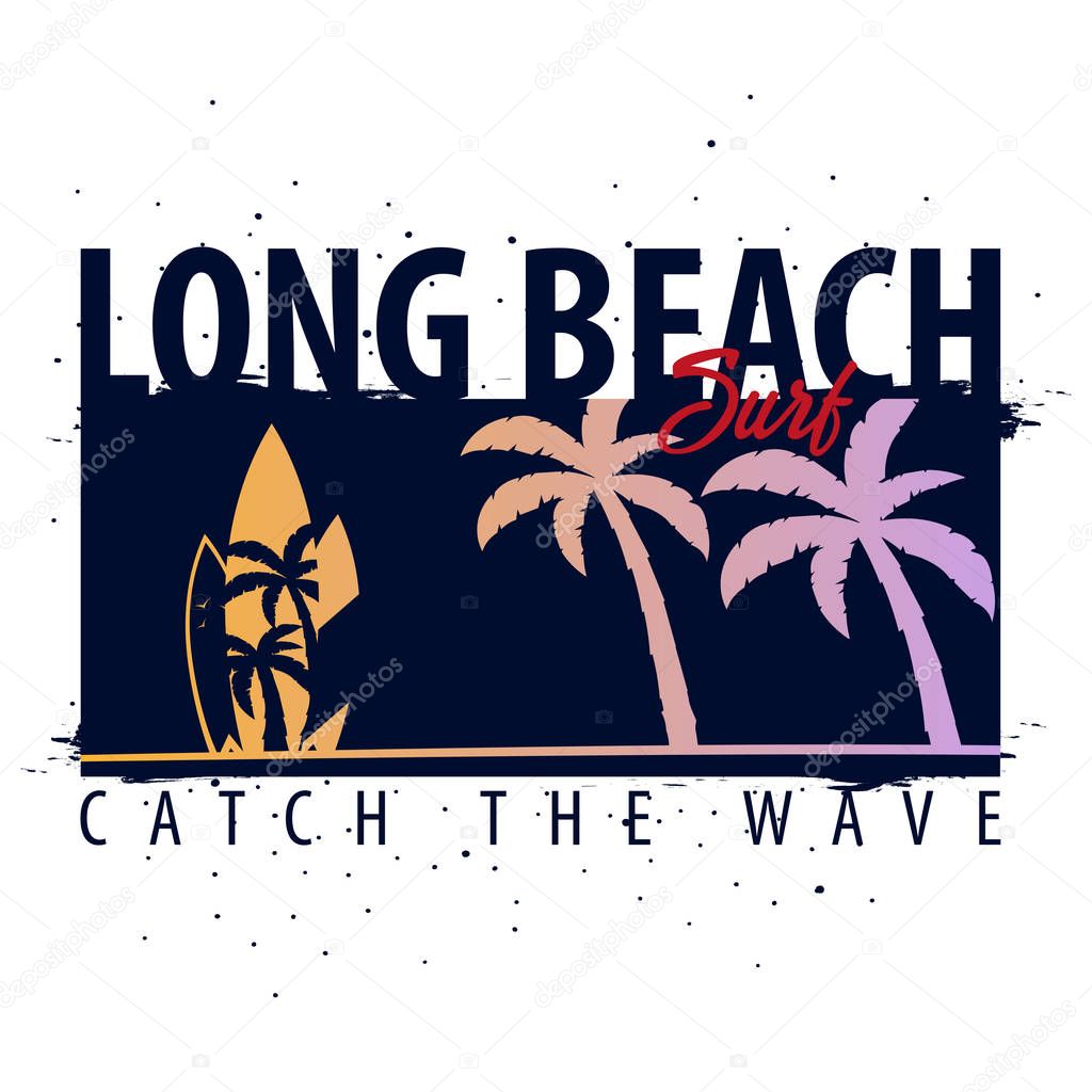 Long Beach Surfing graphic with palms. T-shirt design and print