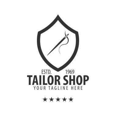 Terzi, dikiş, el yapımı logo veya amblem. Vektör çizim.