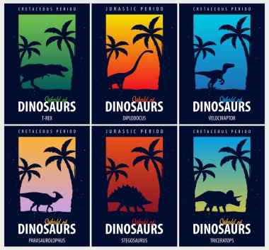 Poster koleksiyonu Dinozorların dünyasına. Tarih öncesi dünya. T-rex, Diplodocus, Velociraptor, Parasaurolophus, Stegosaurus, Triceratops. Kretase dönemi. Jurassic dönem.