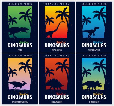 Posters collection World of dinosaurs. Prehistoric world. T-rex, Diplodocus, Velociraptor, Parasaurolophus, Stegosaurus, Triceratops. Cretaceous period. Jurassic period. clipart