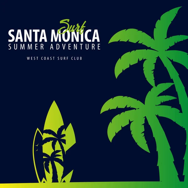 Графика серфинга в Санта-Монике с пальмами. Дизайн и печать футболок . — стоковый вектор