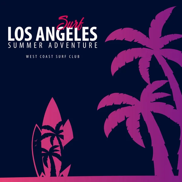 Лос-Анджелес Серфинг графический с ладонями. Дизайн и печать футболок . — стоковый вектор
