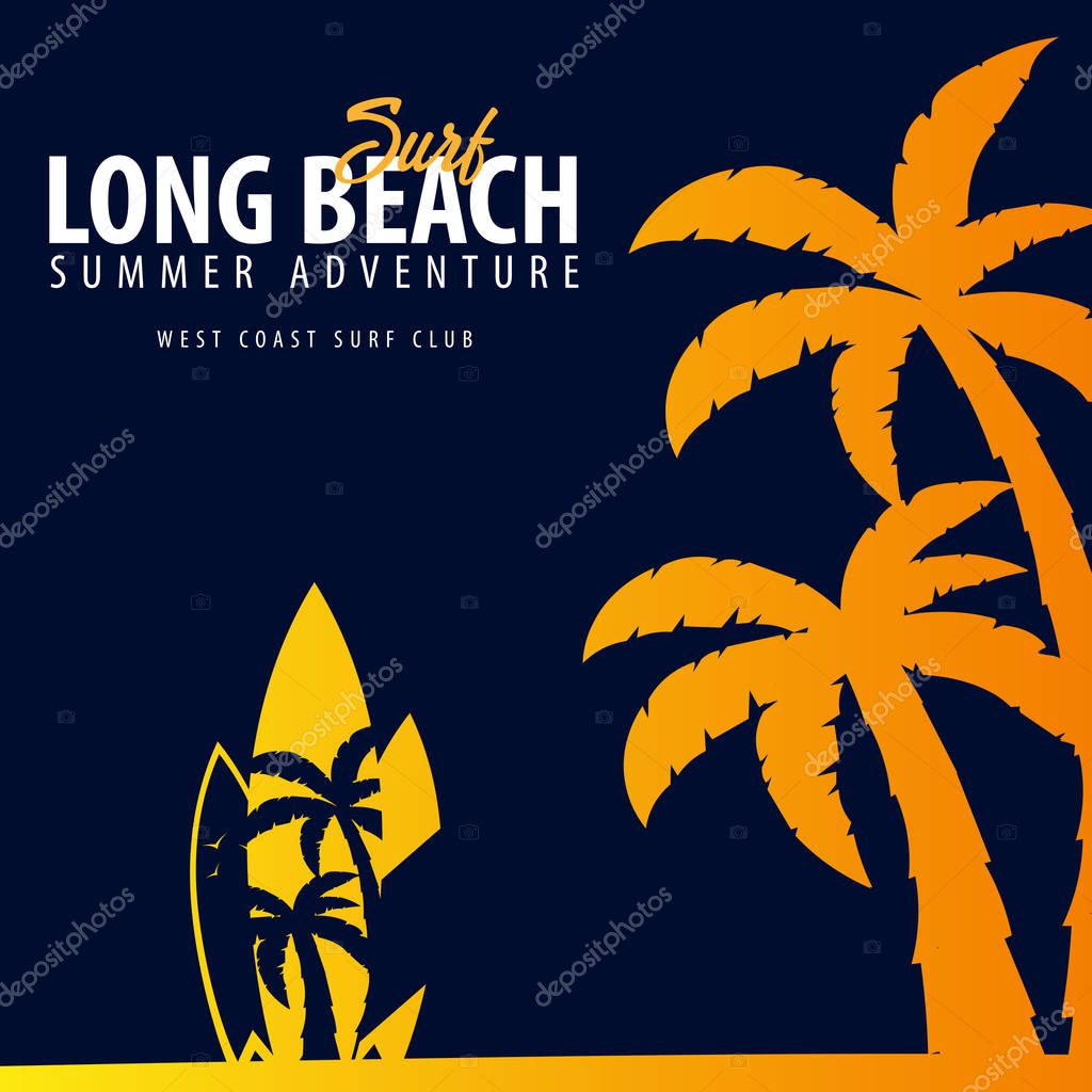 Long Beach Surfing graphic with palms. T-shirt design and print