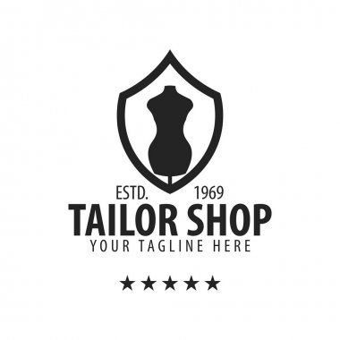 Terzi, dikiş, el yapımı logo veya amblem. Vektör çizim.