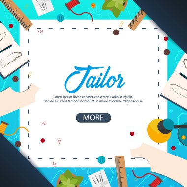 Terzi ve terzi afiş. Dikiş takımı. Iğne işi, el yapımı. Terzilik kavramı.