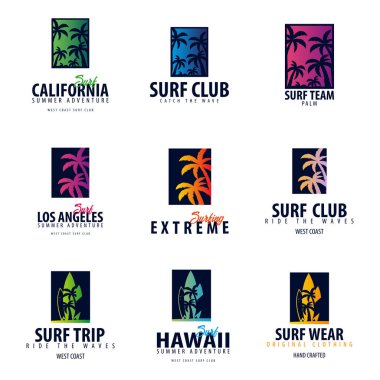 Surf Club ya da alışveriş için sörf logo ve Amblemler kümesi. Vektör çizim.