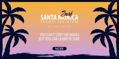 Santa Monica sörf grafik avuç içi ile. Surf club vektör afiş.