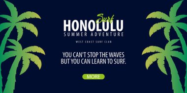 Avuç içi ile Hawaii sörf grafik. Surf club vektör afiş.