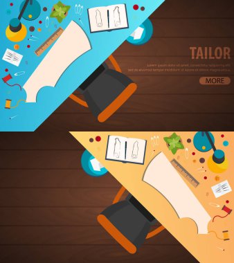 Terzi ve terzi afiş. Dikiş takımı. Iğne işi, el yapımı. Terzilik kavramı.