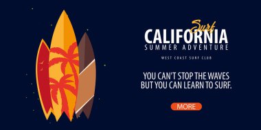 Avuç içi ile California sörf grafik. Surf club vektör afiş.