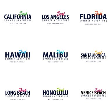 Sörf amblemi ve logosu kümesi. Vektör çizim.