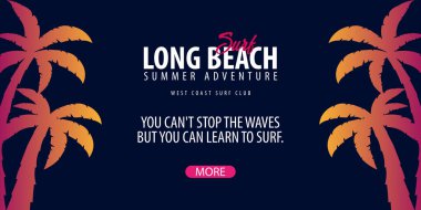 Long Beach sörf grafik avuç içi ile. Surf club vektör afiş.