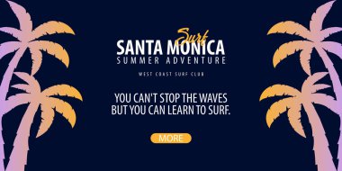 Santa Monica sörf grafik avuç içi ile. Surf club vektör afiş.