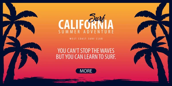 California Gráfico de surf con palmas. Club de surf Banner vectorial . — Archivo Imágenes Vectoriales