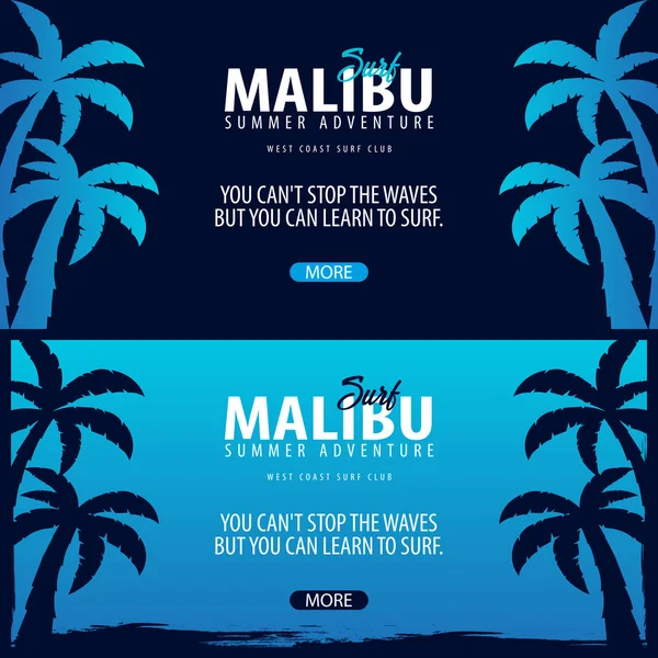 Σερφ Malibu γραφικό με τις παλάμες. Surf club διάνυσμα banner. — Διανυσματικό Αρχείο
