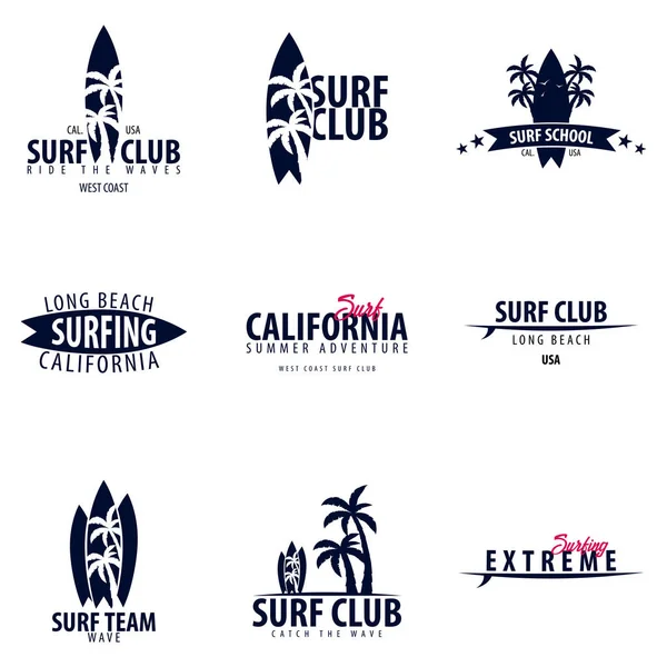 Surf Club ya da alışveriş için sörf logo ve Amblemler kümesi. Vektör çizim.