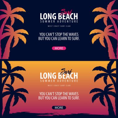 Long Beach sörf grafik avuç içi ile. Surf club vektör afiş.