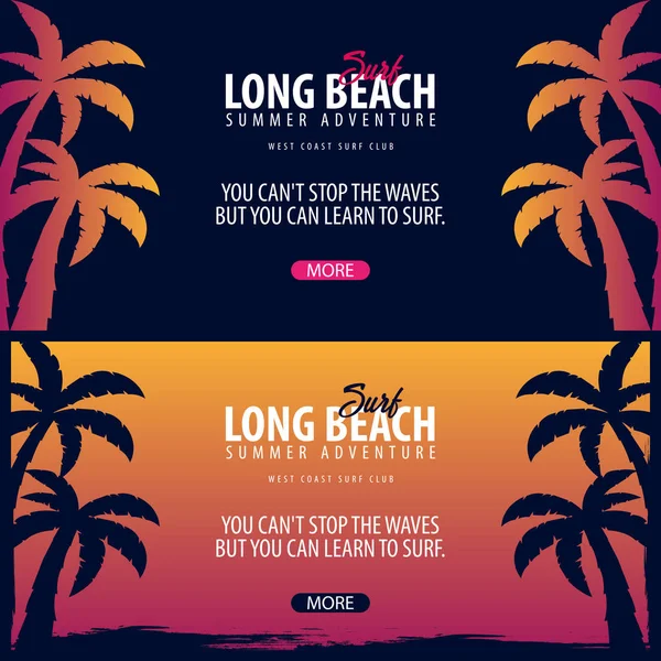 Long Beach sörf grafik avuç içi ile. Surf club vektör afiş.